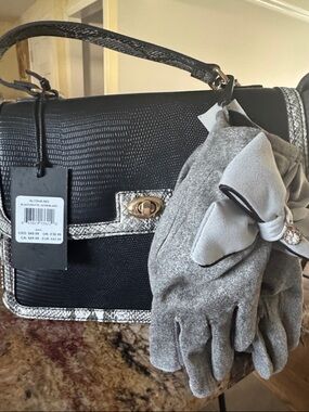 Black Textured Crossbody Bag with Silver Trim